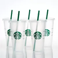 Starbucks 24oz/710ml أكواب بلاستيكية قابلة لإعادة الاستخدام واضحة الشرب المسطح القاع المنحدر حورية البحر الحركية.