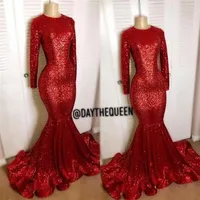 Vintage Red Long Sleeves Sequins Evening Dresses 2022 Blingbling Mermaid High Neck Black Girl Prom Reflective Party Gowns BES1212588