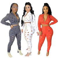 Sexy Women Holes Jacket Pants Sexy 2 Piece Set Tracksuit Women Clothes Sports Two Piece Outfits Matching Sets2183