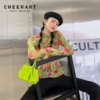 CHEERART Oil Painting Turtleneck Long Sleeve Mesh Top Floral Print Green Tees See Through T Shirt Fall Womens Fashion 220517
