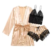 Kvinnors Sleepwear Silk Pyjamas Set Kvinnor Satin Kortrockar Underkläder Sats Sexiga Kimono Badrockar Loungewear Home Pass Lady Dressing Gown