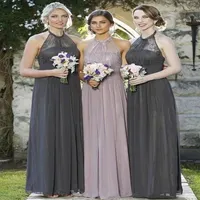 Custom Made Dark Gray Chiffon Long Bridesmaid Dresses Beach Garden Romantic Lace Wedding Guest Dresses Halter Maid of Honor Gowns249F