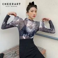 CHEERART Goth Mesh Top Women Trend Fashion Graphic T Shirts Long Sleeve Turtleneck See Through Tshirts Gothic Clothes 220527