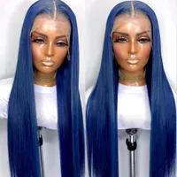 Glueless Dark Blue Color Synthetic Hair Lace Front Wig For Women Slky Straight Heat Resistant Fiber Daily Wigs 180%Density