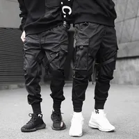Men's Pants 100% Cotton 2022 Harem Joggers Harajuku Sweatpant Men Ribbon Color Block Black Pockets Cargo Hip Hop TrousersMen's