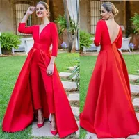 Elegant Red Satin Jumpsuits Evening Dresses Floor Length Prom Dress Long Sleeves Party Formal Gown robe de soiree221L