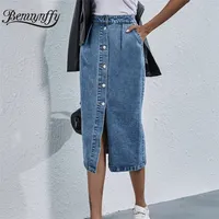 Benuynffy Single Sfritto Galnello Genne Denim Skirt Women Streetwear Pocket Casual Pocket High Wili Drivery Skirt 220702