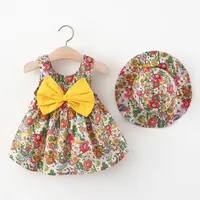 Girl's jurken menoea babymeisje jurk met hoed 2022 zomer bloem vest vestidos peuter kinderen mode feest kostuums outfits 0-2 jrsgirl's