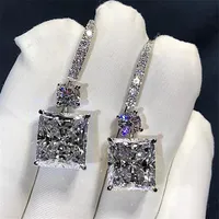 Victoria Luxury Jewelry 925 Sterling Silver Princess Cut White Topaz Platinum Plated Diamond Dangle Earring Women Bridal Hook E230J