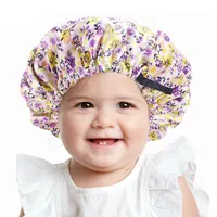 Verstellbare Kinder Satin Motorhaube Baby Schlafkappe Blumendruck Satin Nachtscheibe Turban Girl Wash Make -up Cap Silky Duschkappe