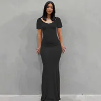 女性2022 Kardashian Skims EuropeanBeauty Solid Color Dressカジュアルスリム綿ポリエステルラウンドネックショートスリーブドレス