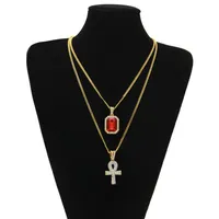 Egyptische Ankh Key of Life Bling Rhinestone Cross Pendant met rode Ruby Pendant Necklace Set Men Hip Hop Jewelry293d