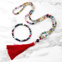 Pendant Necklaces Colorful Agates Stone Knotted Women 108 Mala Beads Yoga Necklace Set Charm Stretch Bracelets Rosary Meditation JewelryPend