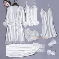 Pijamas de seda branca Conjunto Mulheres 5pcs Robô de noiva Nightgown Sexy Lace Chemise Sleepwear Kimono Bathrobe Lingerie 220719
