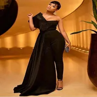 Black Jumpsuit Prom Dress With Appliques Sequins One Shoulder Overskirts African Evening Dresses With Pant Suits Plus Size Party G228p