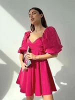 Случайный roze bladerdeeg mouw een lijn urk vrouwen mode elegante pleatd mini jurken 2022 meisjes strand vakantie zonnejurk vrouwelijke gewaad t220816