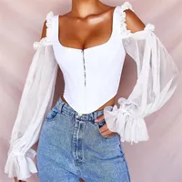 Frauen T-Shirt Frauenkleidung hochwertige Mesh Lantern Long Sleeve Slim Fit Back Less White Top Double Breauzed Summer Leisurewomen's's