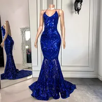 Echtes Bild Lange Elegante Abendkleid 2022 Sexy Meerjungfrau Sehen Sie durch funklige Pailletten Royal Blue Black Girls Backless Prom Gowns Pro232