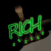 Iced out new style Letter Rich pendant paved full cubic zircon plated gold silver enamel green Glowing hip hop necklace for men boy us $ dollar shape jewelry