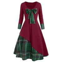 Abiti casual Heziowyun Donne di Natale Dress per patchwork a piazze a manica lunga A-line Autumn Inverno Bowknot Vintage Fashion