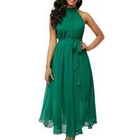 Plus Size Womens dress Summer Solid Color Pleated Chiffon Sleeveless Belted Maxi party Dress Womens wear245m