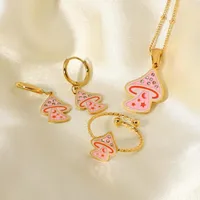 Pendant Necklaces Stainless Steel Crystal Rhinestone Pink Enamel Mushroom Necklace Huggie Earring Rings For Women Girls Jewelry SetsPendant