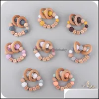 Soothers Teathers Baby Teether 반지 Sile Beech Wood Wood Teething Ring Chew Toys 샤워 놀이 둥근 나무 구슬 Sili Bdebaby DH4ov