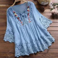 Women Elegant Summer Shirts Vintage Lace Patchwork Bow V-Neck Three Quarter Blouses Top blue pink female blouse dentelle femme L220705