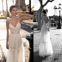 Gali Karten Wedding Dresses Bridal Gowns Lace Applique Berta Bohemian Spaghetti Straps V-Neck Backless Floor Length Real Image296K