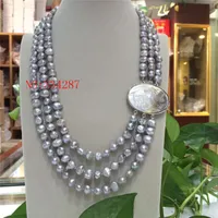 NEW Baroque 19&quot 3row 8-9mm Pink grey white color multicolor pearls necklace seashell clasp