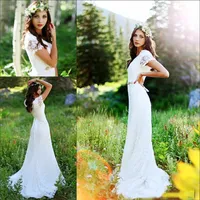 2017 Cheap Vintage Country Crochet Lace Wedding Dresses With Short Sleeves V Neck Bohemian A Line Bridal Gowns With Beads Sash309Z