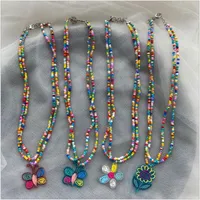 Colares pendentes Bohemian multicamadas miçangas coloridas Chain Chain Cartoon Rainbow Flower Colar para mulheres Elegantes Acessórios de jóias