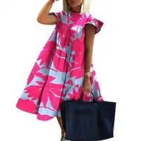 Summer Dress Woman O Neck Short Sleeve Floral Print Robe Femme Large Hem Design A Line Dresses