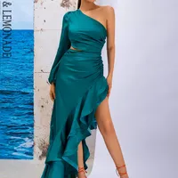 Lovelemonade Sexy Green Off-The Shoulder Cutout 주름 반사 새틴 파티 Maxi 드레스 LM82202-1 Green 220429