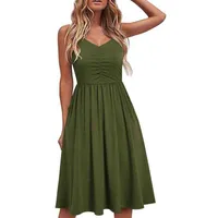 New Stylish Solid Color Women Dress Low Neck Pleated Middle Length Ladies Sleeveless Shirring Dress for Dating Streetwear L220705