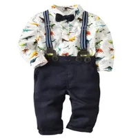 Малыши младенческие мальчики одежда набор динозавров печать с длинным рукавом топ ромпер + брюки подвески + бабочка 3шт костюм детская детская одежда