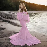 PO Shoot Ruffles 임신을위한 섹시 어깨가없는 출산 드레스 Maxi 가운 긴 임산부 드레스 포지 포적 소품 2020 Q243W