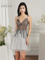الترتر Tulle Mini Short Cocktail Party Dresses 2022 Women A-Line V-Deaceless Pearls Elegant Female Homecoming Prom Verys Vestidos CPS3005