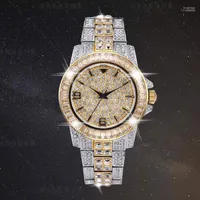ساعة Wristwatches CZ Bling Diamond Men's Watch دور 18K Gold Plated Ice Out Quartz Iced Wrist Watches for Men Male Waterproofwatch Hour