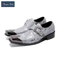 Dress Shoes Christia Bella Gray Party Men Oxford Real Leather Wedding Square Toe Buckle Monk Male Brogues1305Z