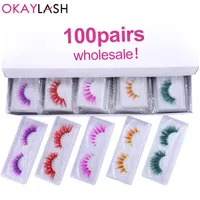 OKAYLASH 50 100pairs 3D False Colored Eyelashes Whole Real Mink Dramatic Fluffy Dense Color Rainbow Lashes Bulk Order316r