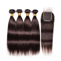 Vooraf gekleurde rechte haarbundels met 4x4 kanten sluiting Remy Hair #2 Bruine kleur Peruaans menselijk haarweefsel met 4x4 sluitingen