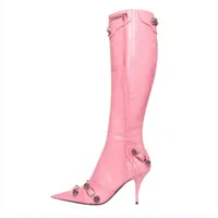 2022 women's boots autumn and winter pointed metal buckle zipper knee women's stiletto rivet high heels luxury shoes