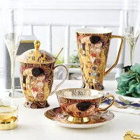 Tassen Klimt Kuss Porzelische Kaffeetassen mit Löffel Gustav Bone China Hochzeits Geburtstag Geschenke Büro Getränke Home DecorationMugs