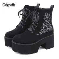 Boots Gdgydh Fashion Flower Platform Chunky Punk Suede Womens Gothic Shoes Nightclub Lace Up Back Zipper High Quality 220805