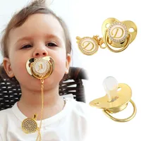 Name Initial Letter Baby Pacifier and Pacifiers Clips BPA Free Silicone Infant Nipple Gold Bling Newborn Dummy Soother