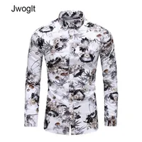 45KG120KG Lotus and Bamboo Leaves Chinese Ink Painting Casual Button Down Long Sleeve Shirts 5XL 6XL 7XL 210412