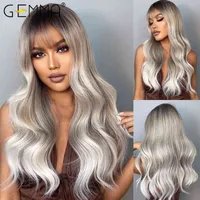 Gemma Long Wave Ombre Gray Ash Wavy wavy for Women Light Blonde Platinum Cynthetic شعر مستعار مع Bangs Daily Party Party Heat Resistant HAI220511