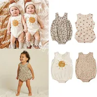 Kläderuppsättningar Enkelibb härlig baby könslös sommarromper med solsken mönster söt tecknad spädbarn pojkar flickor märke designer bebe