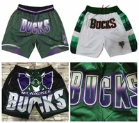 Milwaukee''Bucks''Men Basketball Shorts JUST DON Stitched Mitchell and Ness With Pocket Zipper Sweatpants Mesh Retro Sport PANTS S-2XL